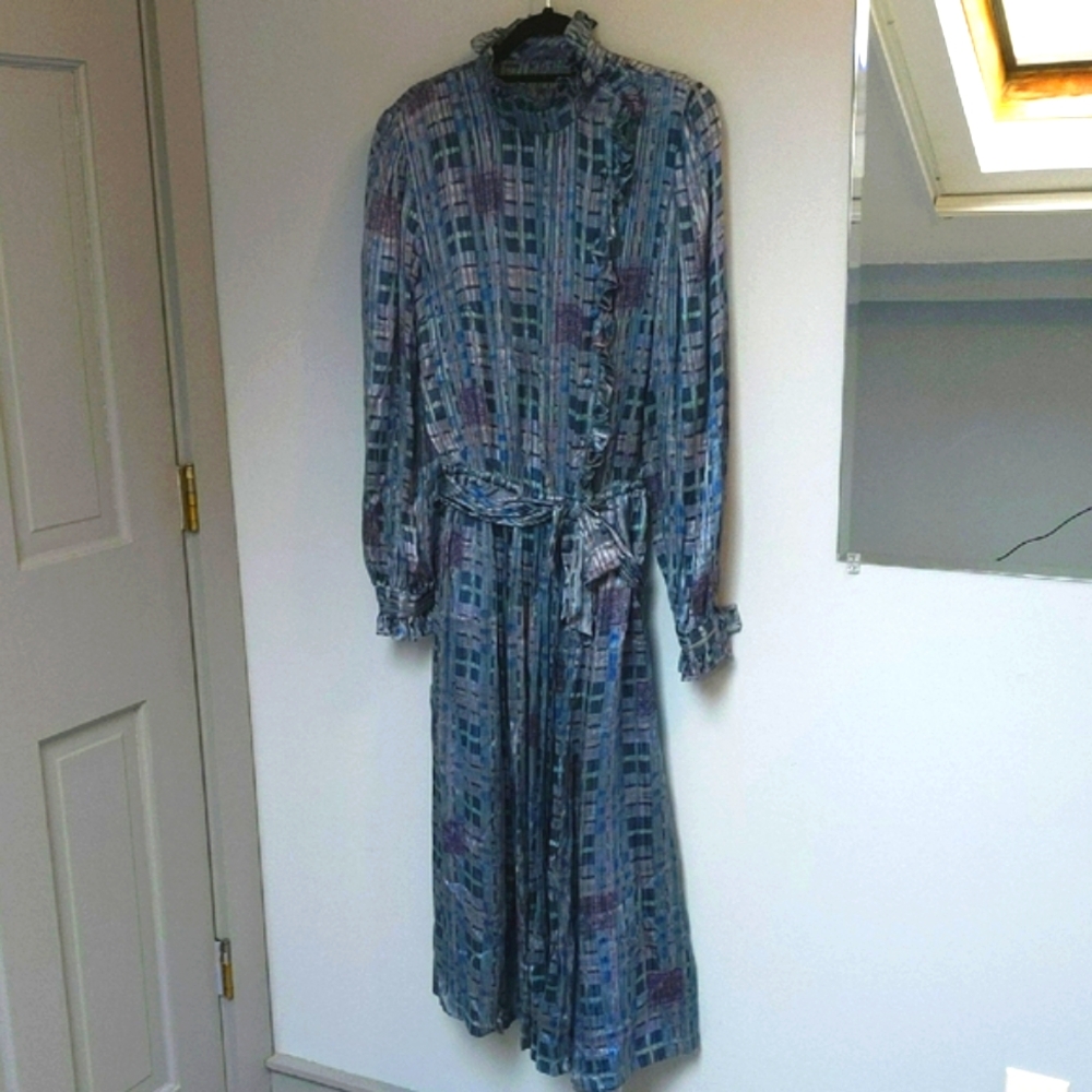 Blue Silk Mock Neck Ruffle Long Sleeve Dress